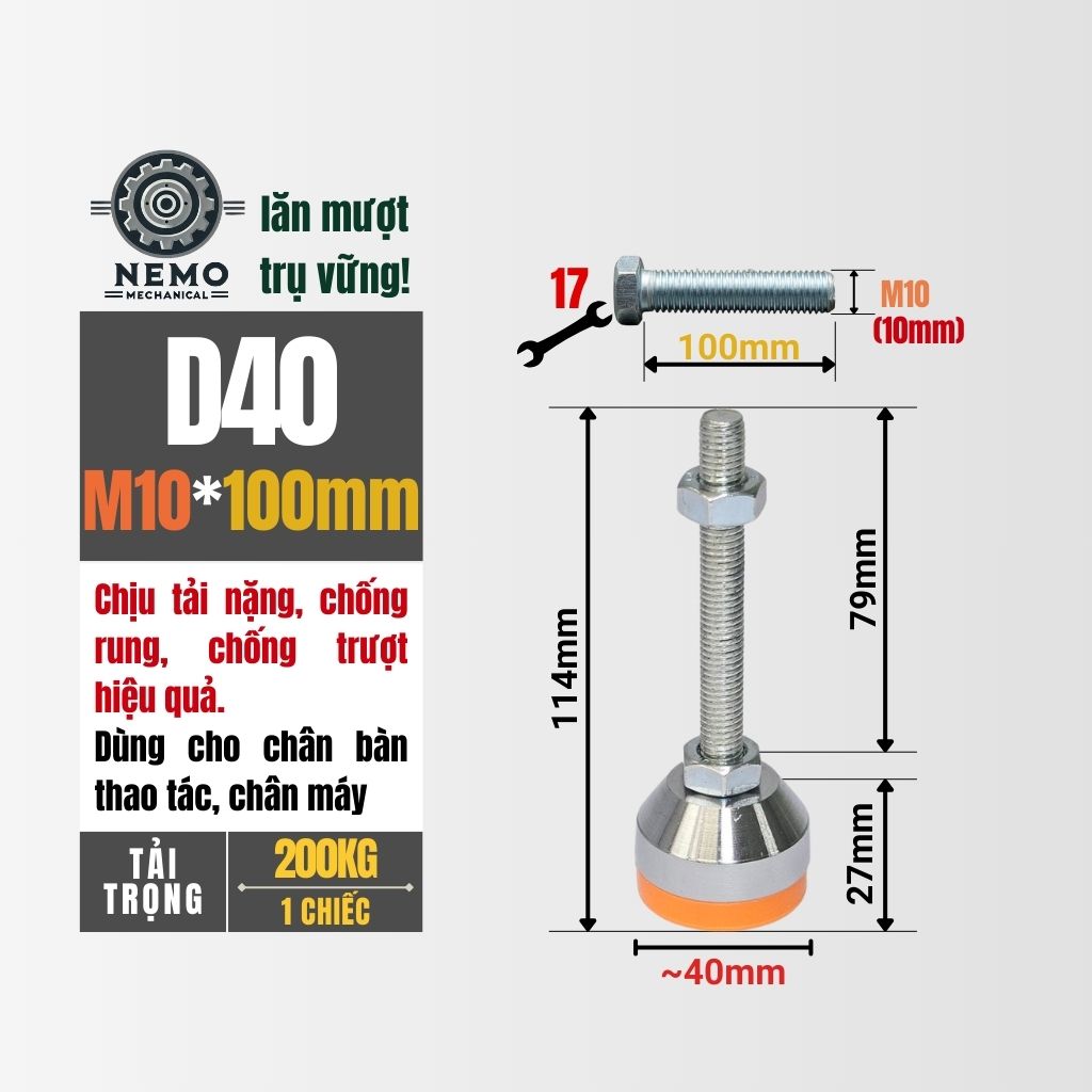 Chân Tăng Chỉnh Chịu Tải Nặng – Bát Thép Mạ Crom, Chịu Lực 1.5 Tấn (M10, M12)